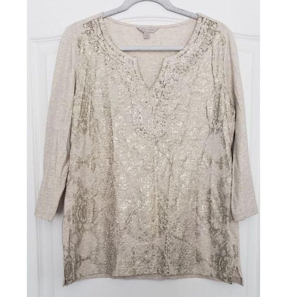 Laura Ashley Vintage Gold Leaf Embroidery Sequin Tunic Sz L Boho Artsy Neutral